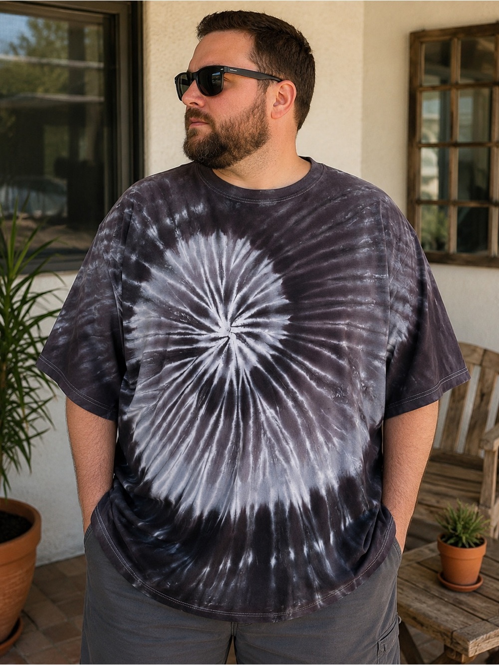 Hand Dyed Spiral Tie Dye Tee Men’s 3XL Black Gray Streetwear OOAK 3X tee